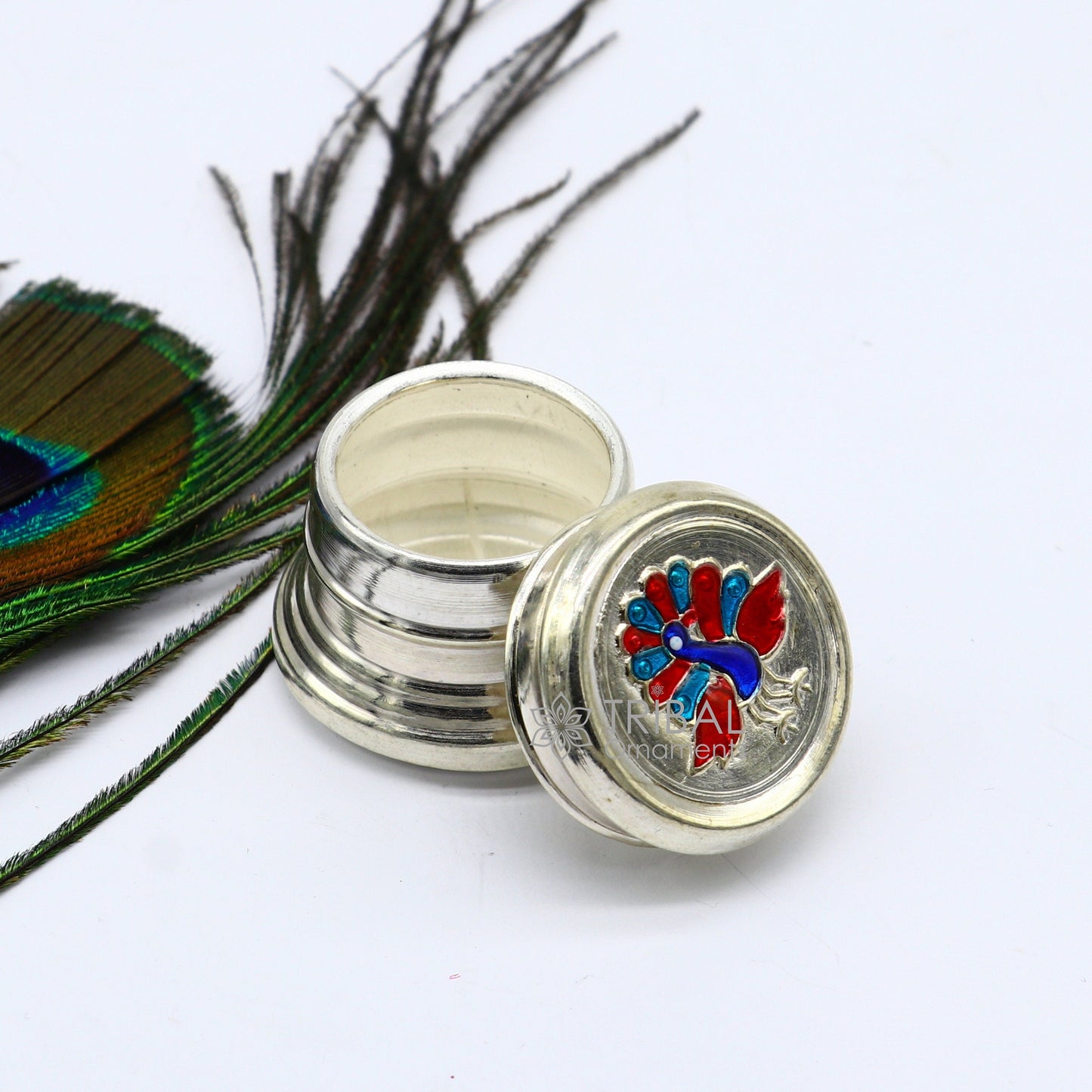 999 pure silver trinket box, kajal box brides round shape box peacock design box , container tobacco box, eyeliner Sindur box gifting stb798 - TRIBAL ORNAMENTS