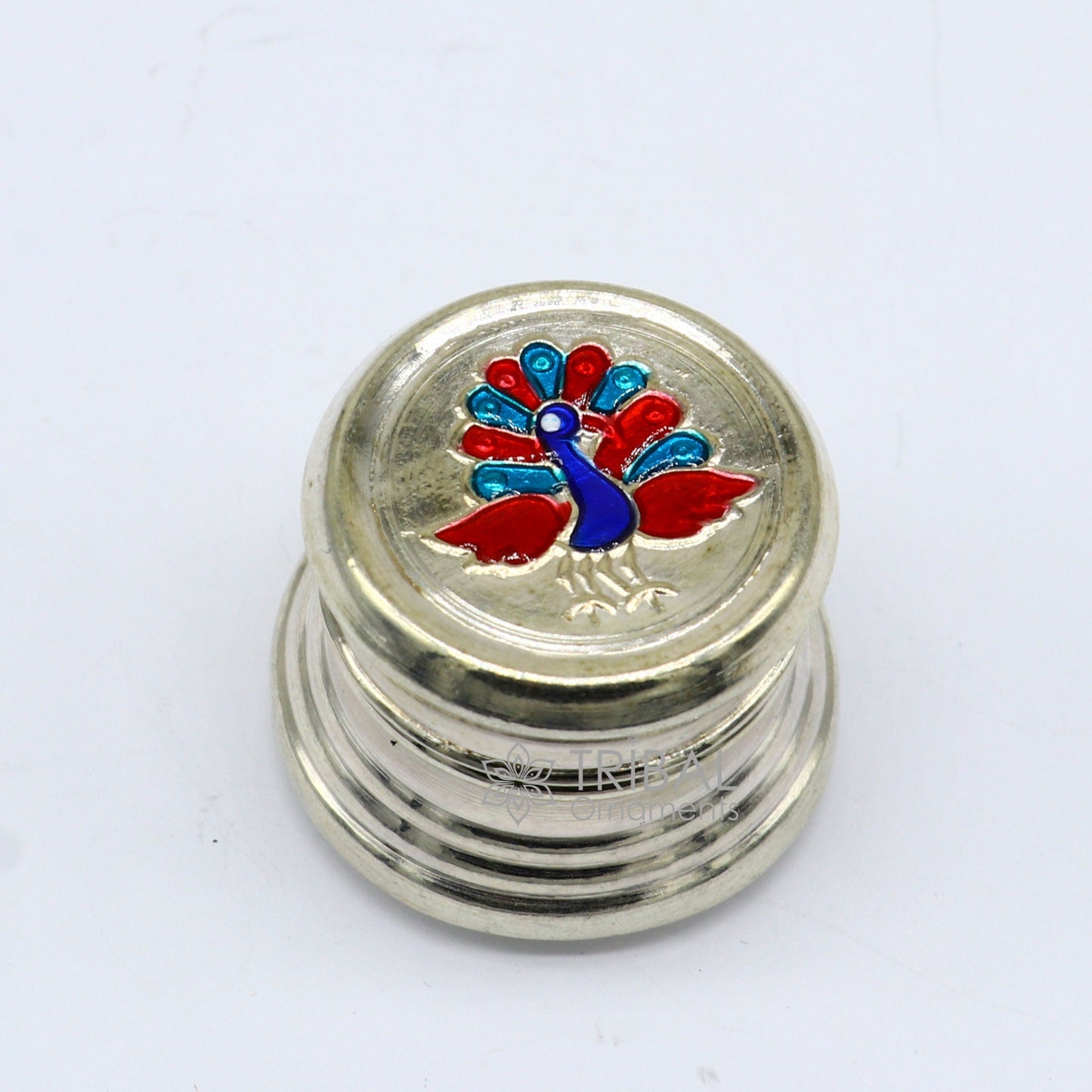 999 pure silver trinket box, kajal box brides round shape box peacock design box , container tobacco box, eyeliner Sindur box gifting stb798 - TRIBAL ORNAMENTS