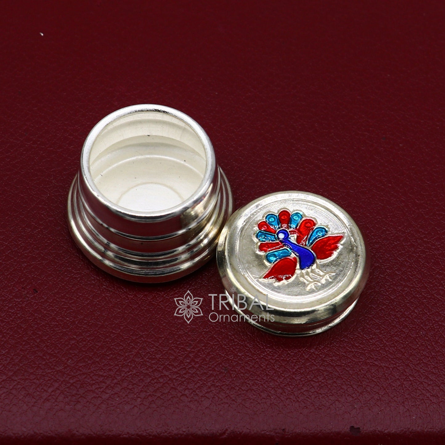 999 pure silver trinket box, kajal box brides round shape box peacock design box , container tobacco box, eyeliner Sindur box gifting stb798 - TRIBAL ORNAMENTS