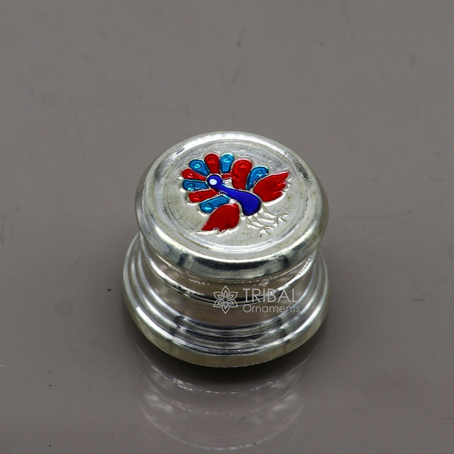 999 pure silver trinket box, kajal box brides round shape box peacock design box , container tobacco box, eyeliner Sindur box gifting stb798 - TRIBAL ORNAMENTS