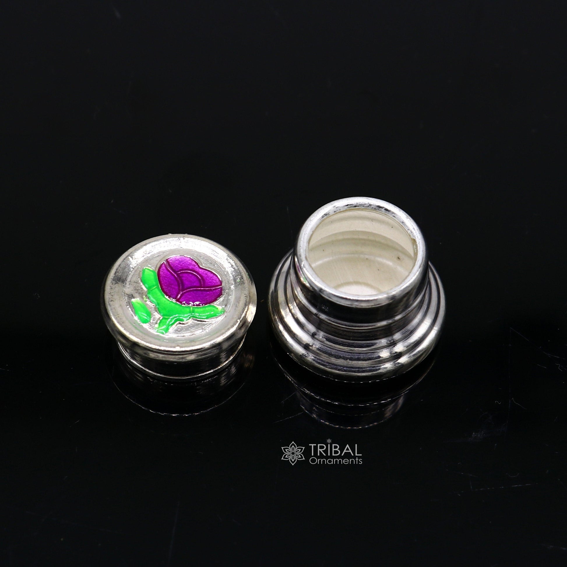 999 pure silver trinket box, kajal box brides round shape box flower design box , container tobacco box, eyeliner Sindur box gifting stb809 - TRIBAL ORNAMENTS