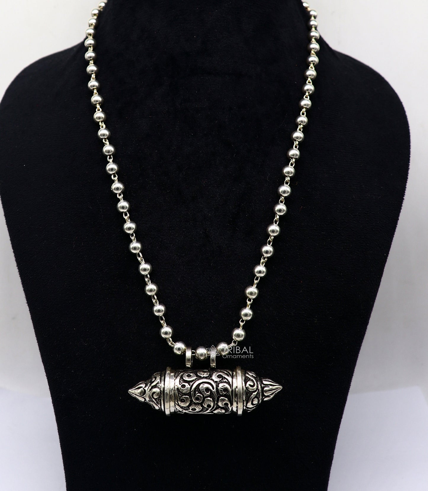 925 Sterling silver handmade Nakshai design pendant amulet mantra box pendant with beaded necklace tribal ethnic cultural jewelry set604 - TRIBAL ORNAMENTS