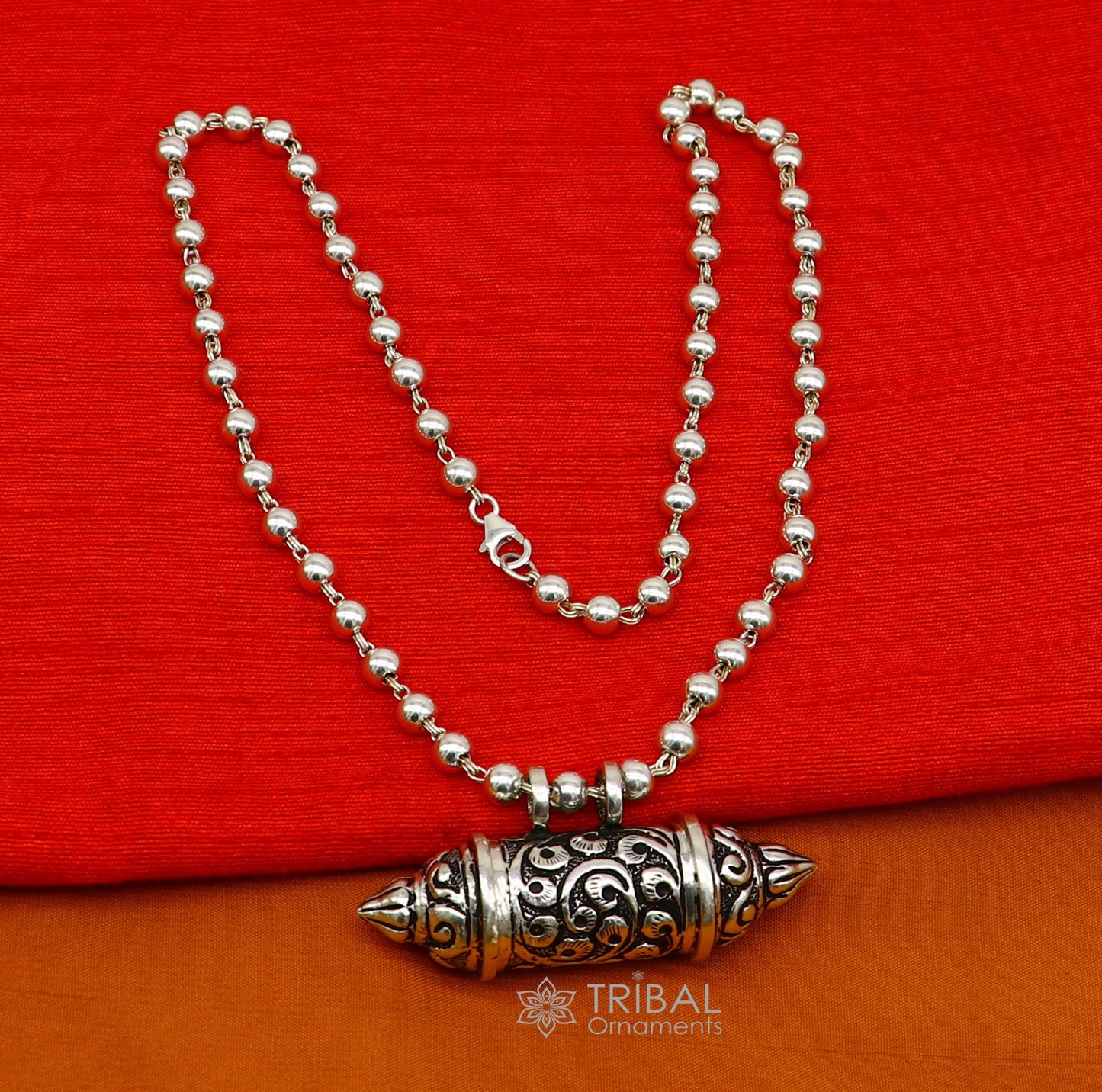 925 Sterling silver handmade Nakshai design pendant amulet mantra box pendant with beaded necklace tribal ethnic cultural jewelry set604 - TRIBAL ORNAMENTS