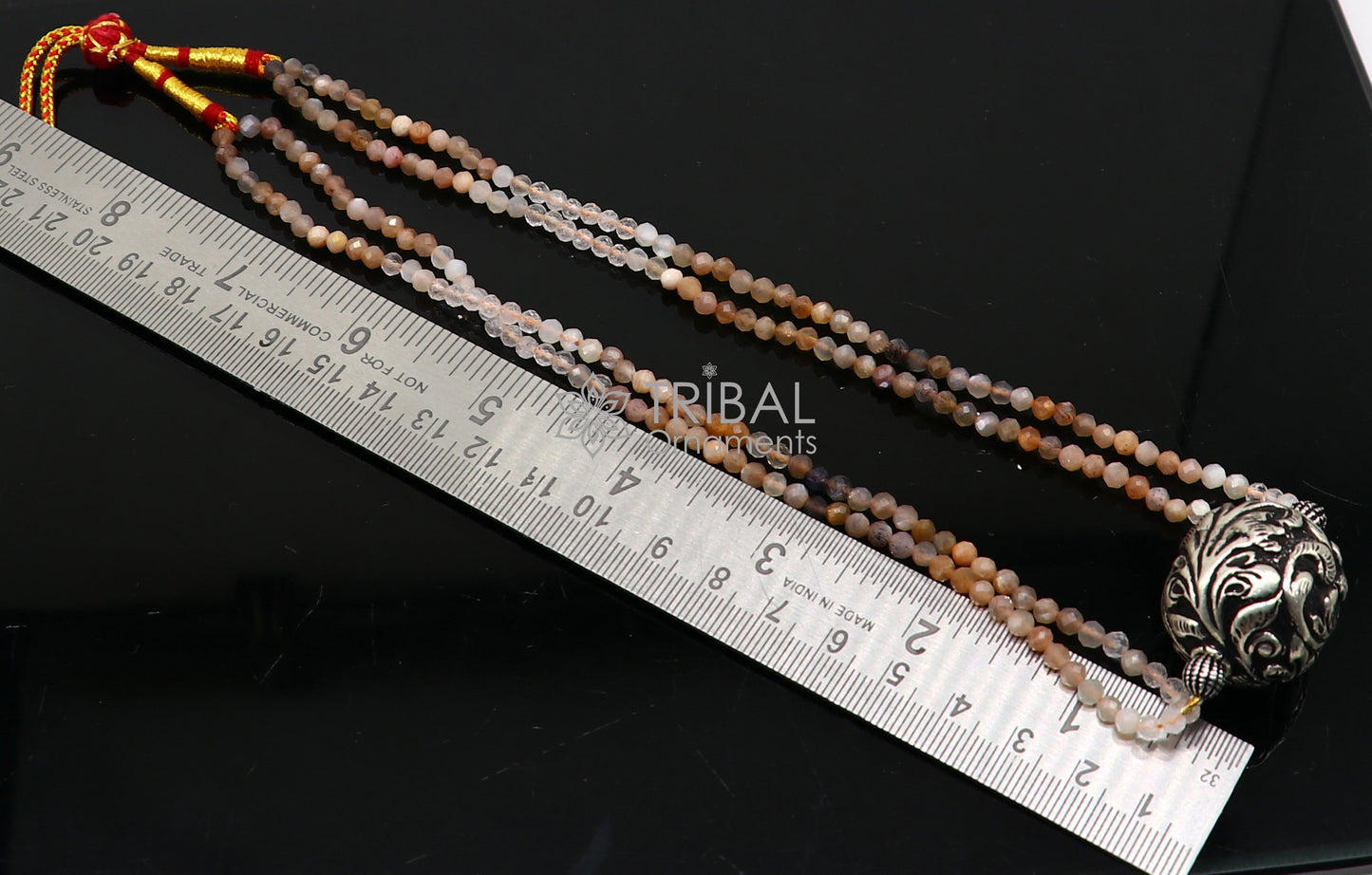 Trendy Indian traditional cultural multicolor stone beaded 925 sterling silver ball pendant necklace, choker tribal ethnic jewelry set612 - TRIBAL ORNAMENTS