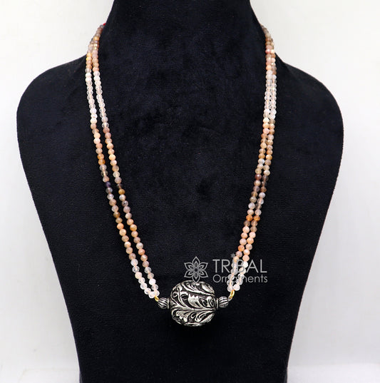 Trendy Indian traditional cultural multicolor stone beaded 925 sterling silver ball pendant necklace, choker tribal ethnic jewelry set612 - TRIBAL ORNAMENTS