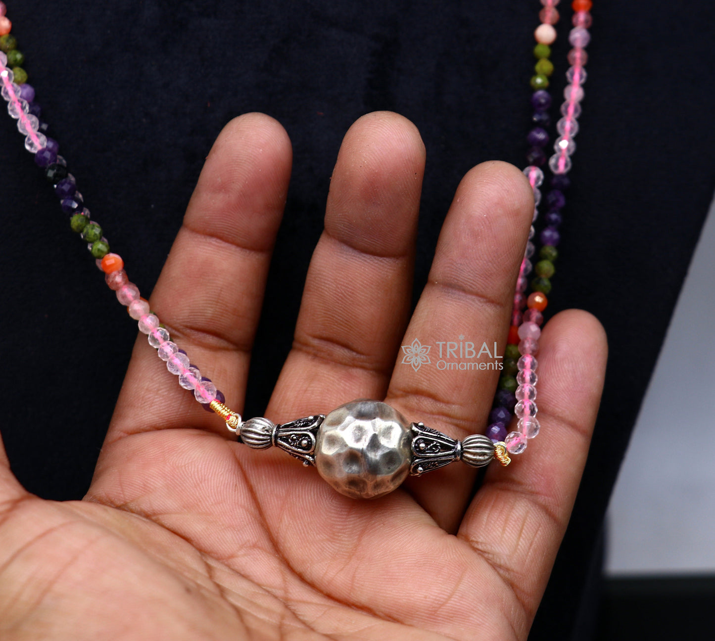 Trendy Indian traditional cultural multicolor stone beaded 925 sterling silver ball pendant necklace, choker tribal ethnic jewelry set613 - TRIBAL ORNAMENTS