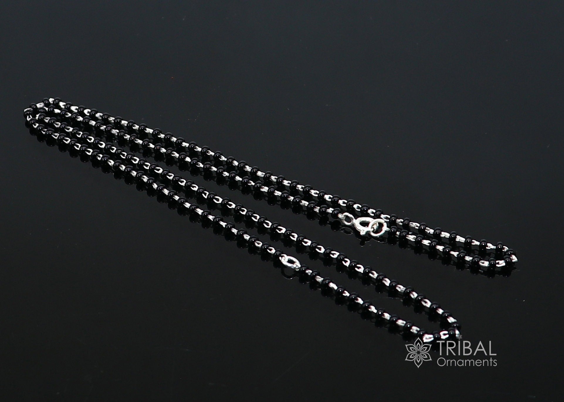 925 sterling silver 2.2mm black beads chain, vintage Cultural fancy necklace, traditional style brides Mangalsutra chain India ch554 - TRIBAL ORNAMENTS