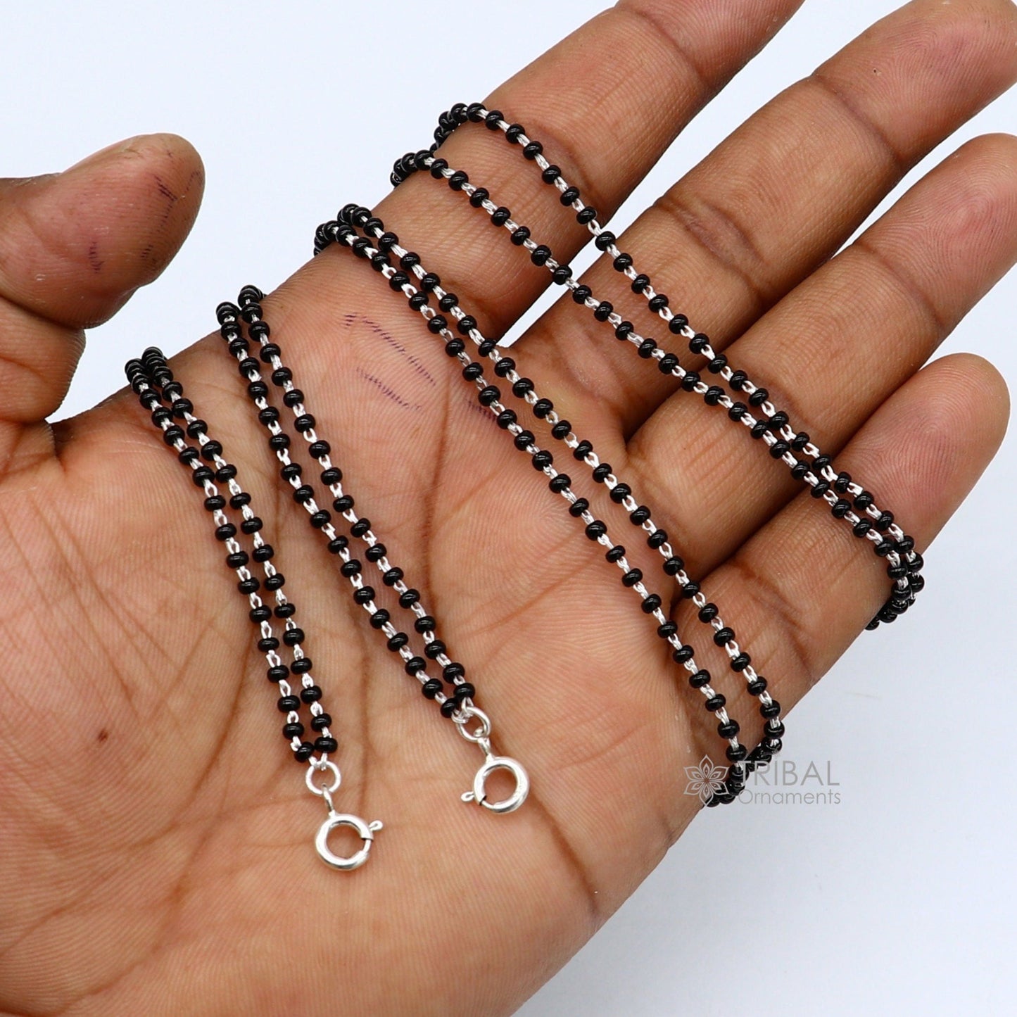 925 sterling silver 2.2mm black beads 2 line chain, vintage Cultural fancy necklace, traditional style brides Mangalsutra chain India ch555 - TRIBAL ORNAMENTS