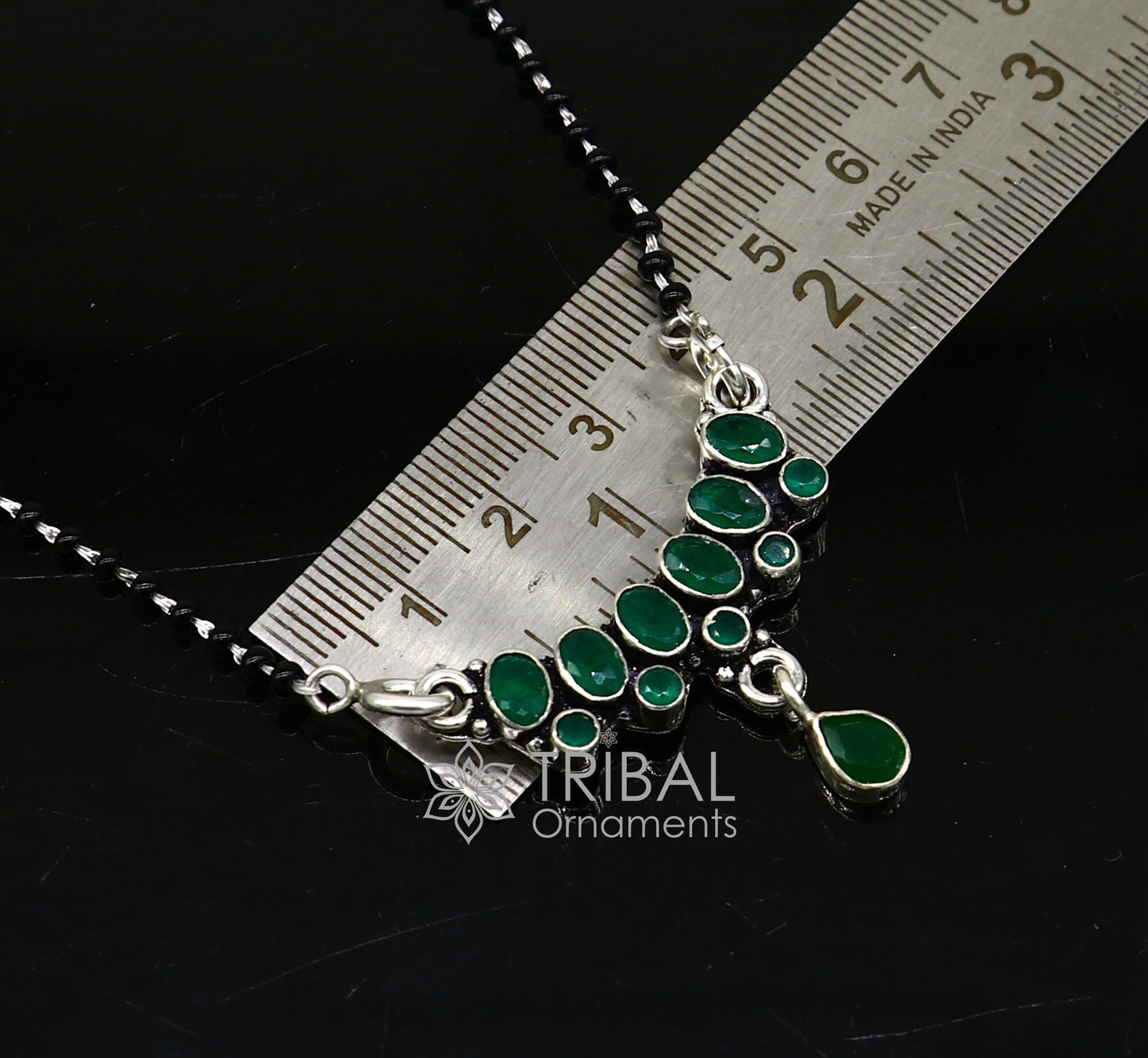 925 sterling silver black beads chain mangal sutra necklace for daily use brides Mangalsutra chunky necklace green stone pendant ms52 - TRIBAL ORNAMENTS
