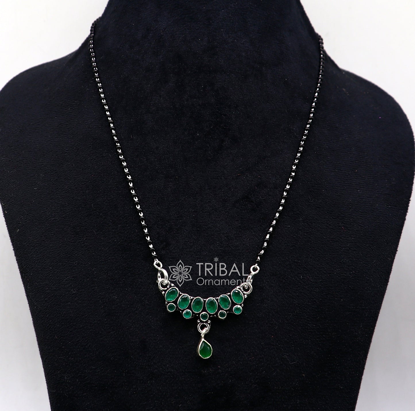 925 sterling silver black beads chain mangal sutra necklace for daily use brides Mangalsutra chunky necklace green stone pendant ms52 - TRIBAL ORNAMENTS