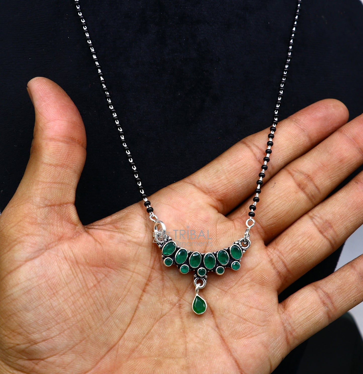 925 sterling silver black beads chain mangal sutra necklace for daily use brides Mangalsutra chunky necklace green stone pendant ms52 - TRIBAL ORNAMENTS