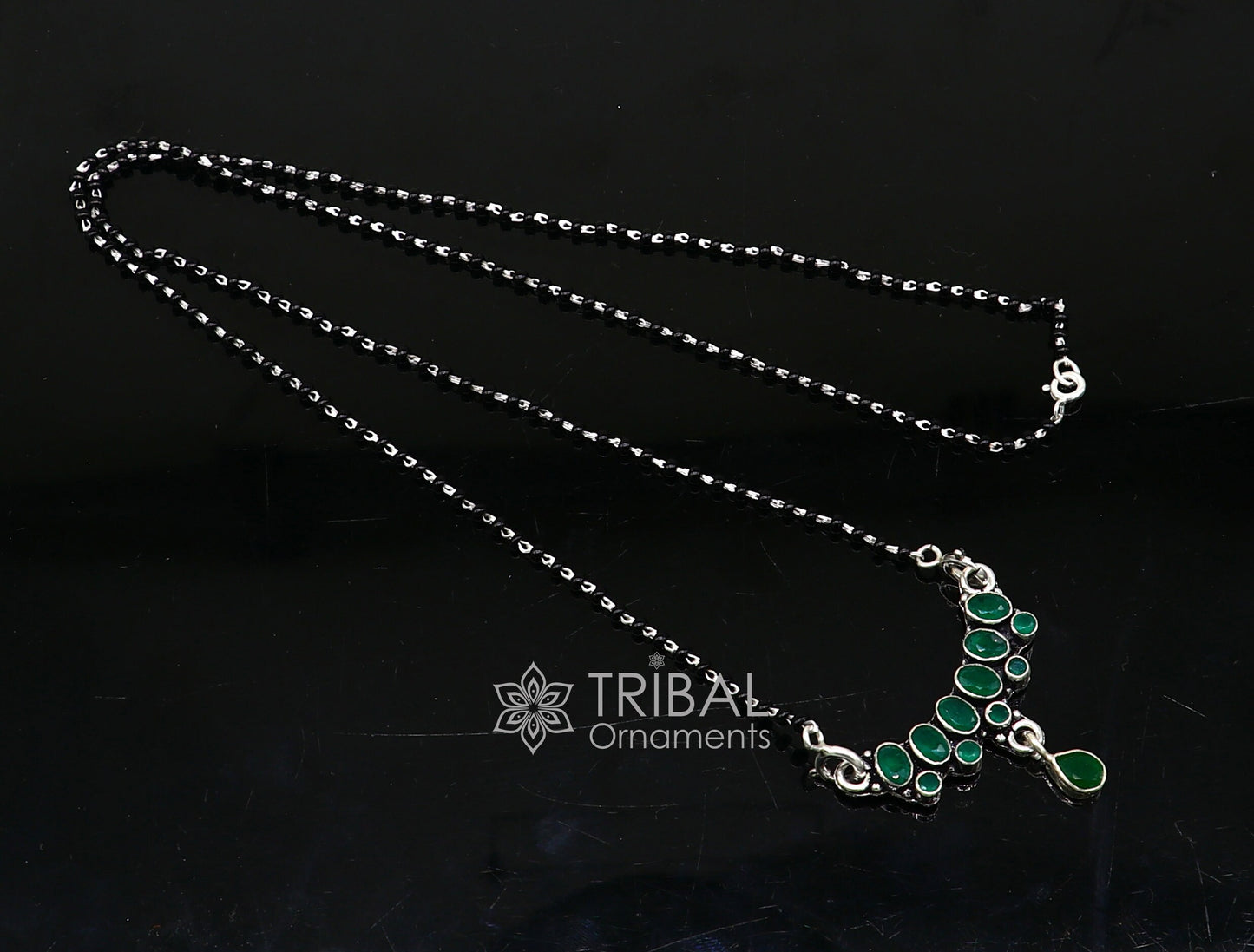 925 sterling silver black beads chain mangal sutra necklace for daily use brides Mangalsutra chunky necklace green stone pendant ms52 - TRIBAL ORNAMENTS