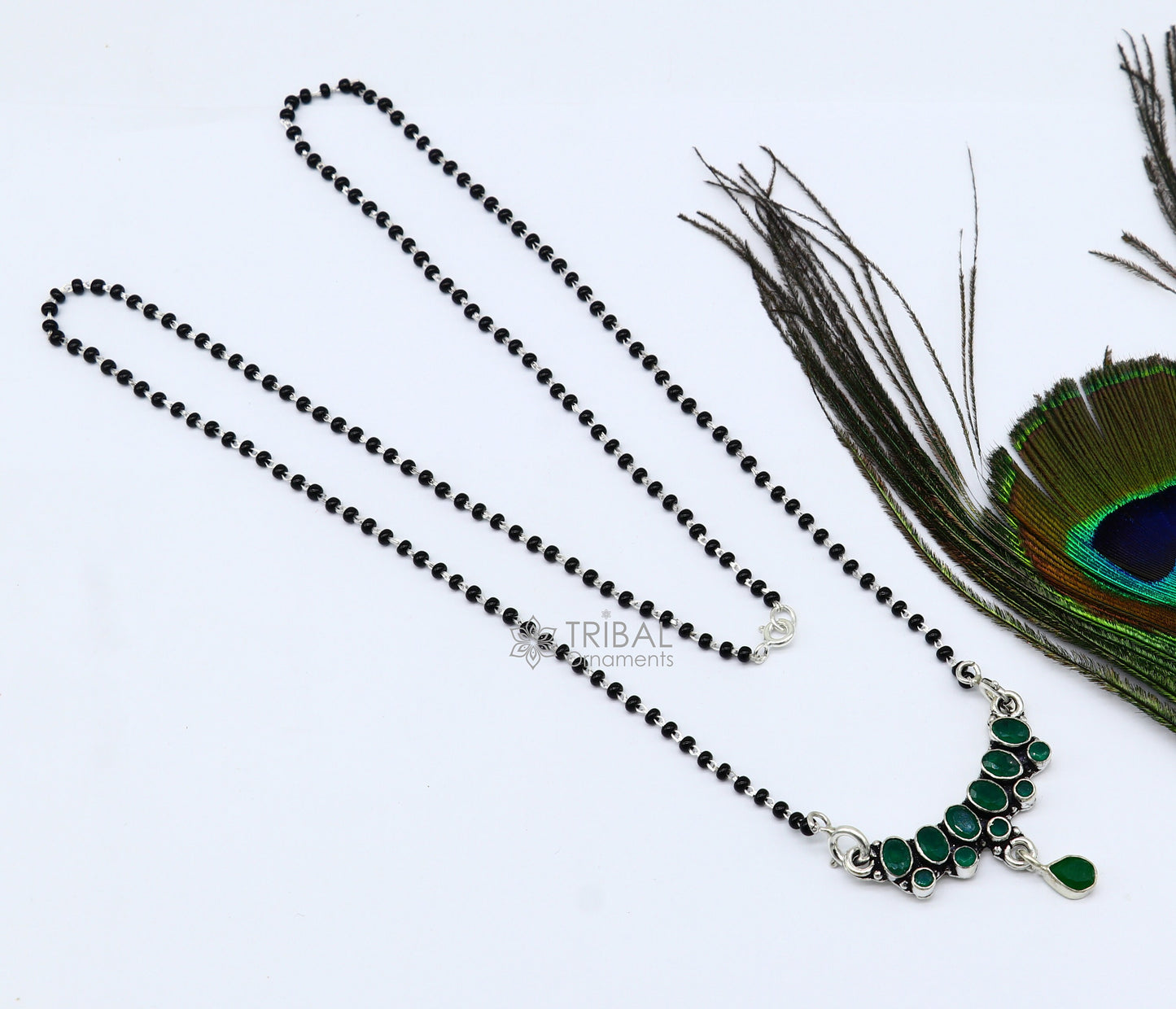 925 sterling silver black beads chain mangal sutra necklace for daily use brides Mangalsutra chunky necklace green stone pendant ms52 - TRIBAL ORNAMENTS