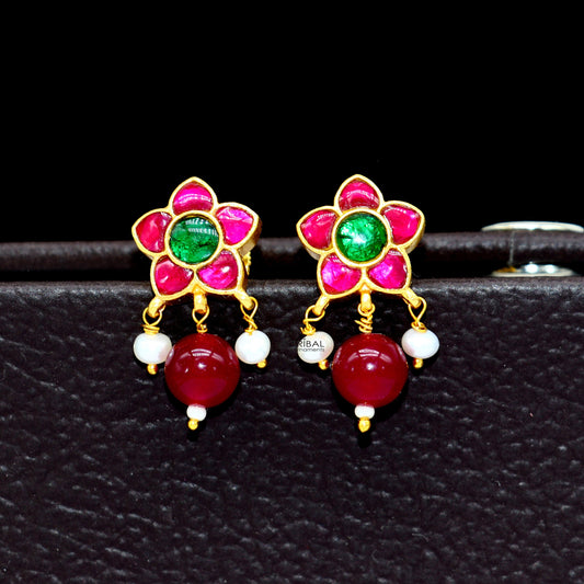925 sterling silver gold polished handmade kundan work Chunky green and red stone fabulous flower shape stud earrings trendy jewelry s1174 - TRIBAL ORNAMENTS
