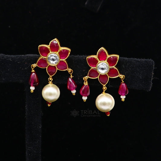 925 sterling silver gold polished handmade kundan work Chunky green and red stone fabulous flower shape stud earrings trendy jewelry s1175 - TRIBAL ORNAMENTS