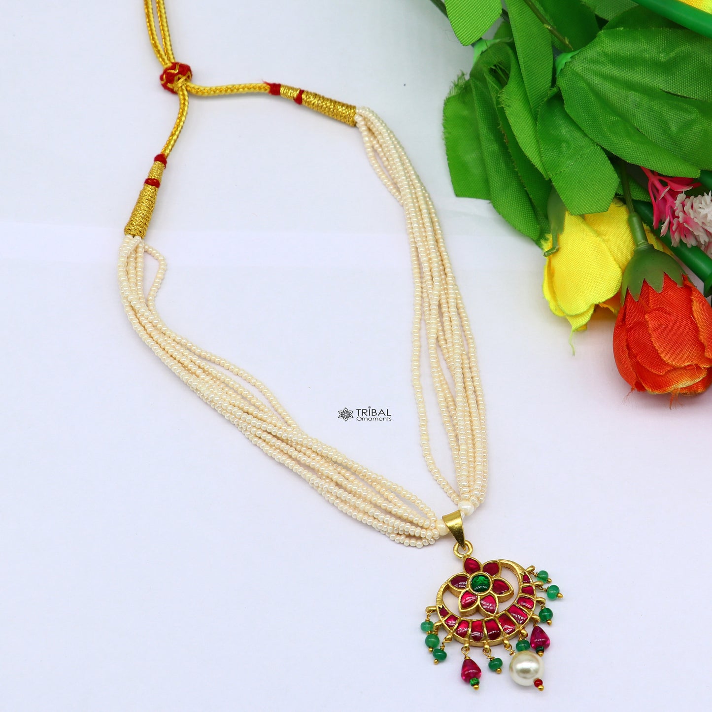 92.5 sterling silver Fabulous charming kundan work green and red stone pendant trendy necklace with multiline pearls strings jewelry set616 - TRIBAL ORNAMENTS