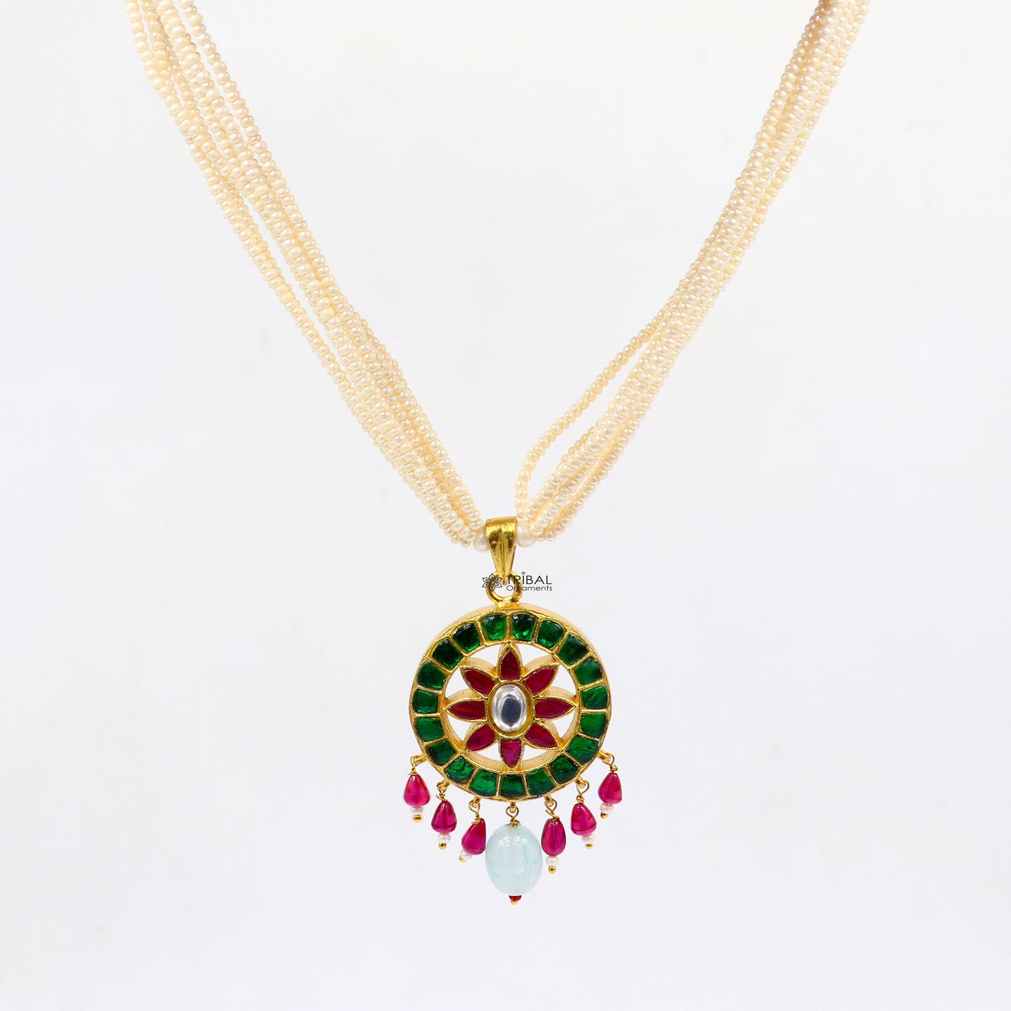 92.5 sterling silver India traditional cultural kundan work pendant trendy necklace with multiline pearls strings best brides jewelry set618 - TRIBAL ORNAMENTS