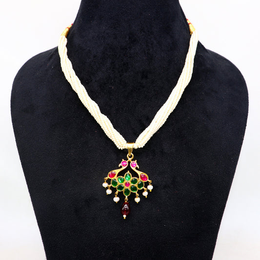 92.5 sterling silver India traditional cultural kundan work pendant trendy multiline pearls strings necklace peacock design jewelry set619 - TRIBAL ORNAMENTS