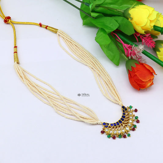 92.5 sterling silver India traditional cultural kundan work pendant trendy multiline pearls strings necklace peacock design jewelry set620 - TRIBAL ORNAMENTS