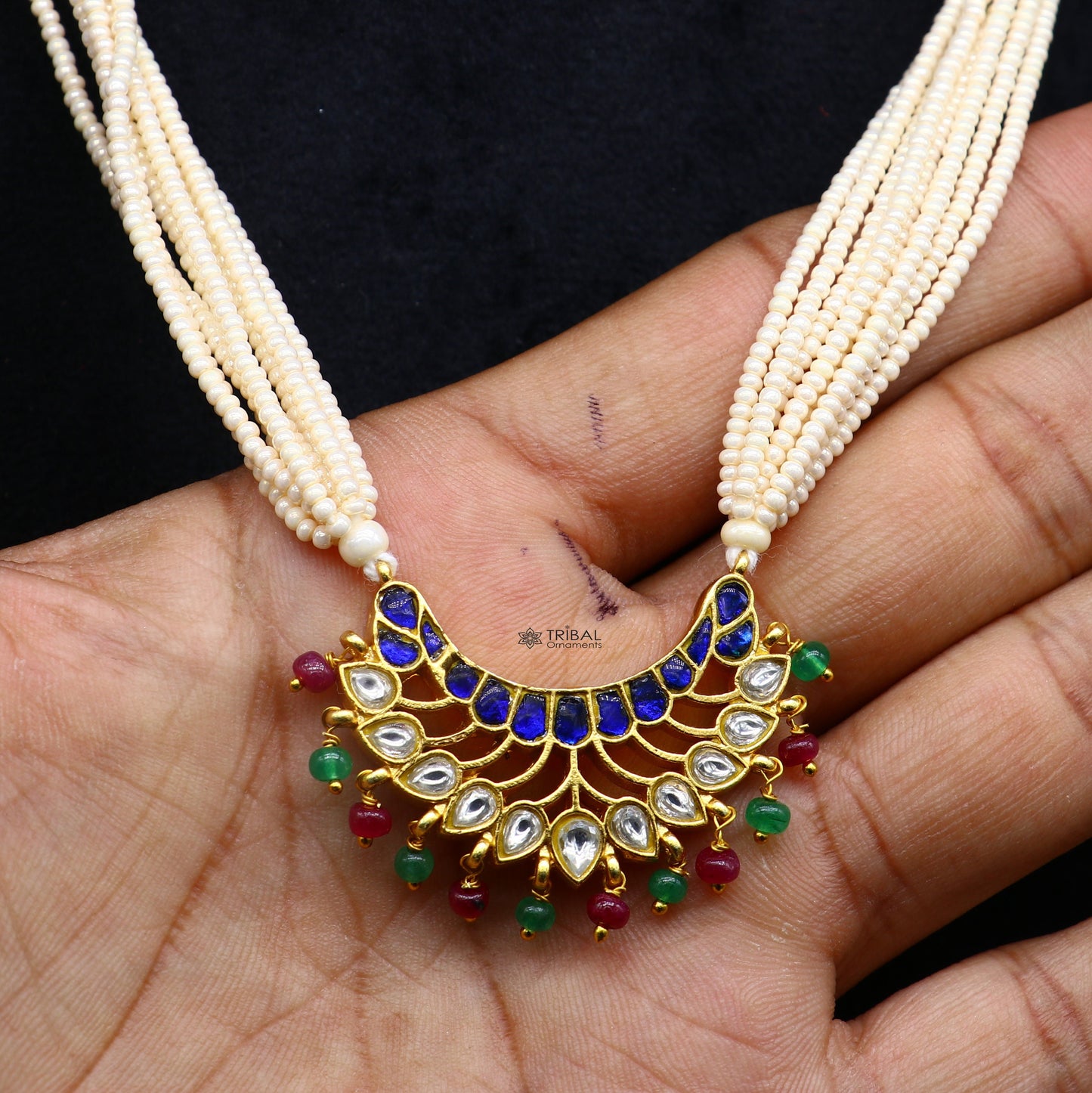 92.5 sterling silver India traditional cultural kundan work pendant trendy multiline pearls strings necklace peacock design jewelry set620 - TRIBAL ORNAMENTS
