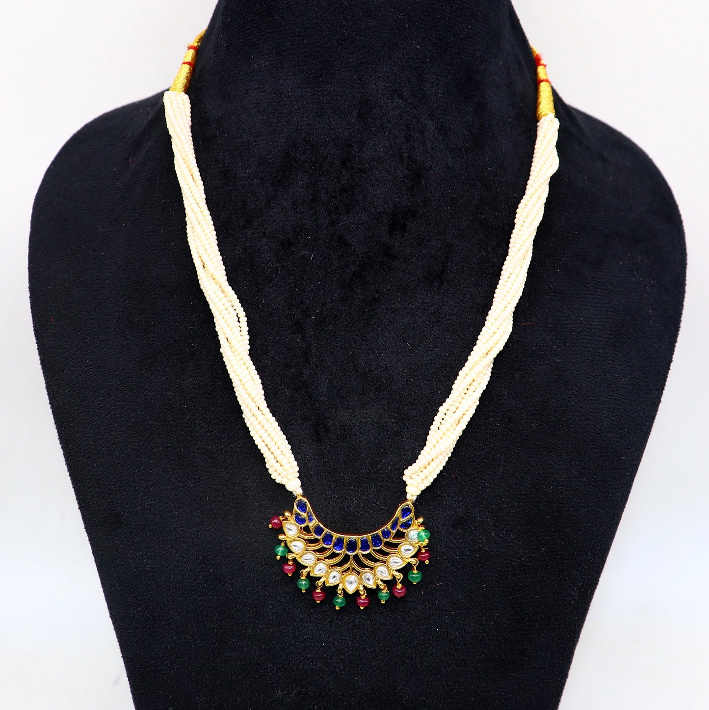 92.5 sterling silver India traditional cultural kundan work pendant trendy multiline pearls strings necklace peacock design jewelry set620 - TRIBAL ORNAMENTS