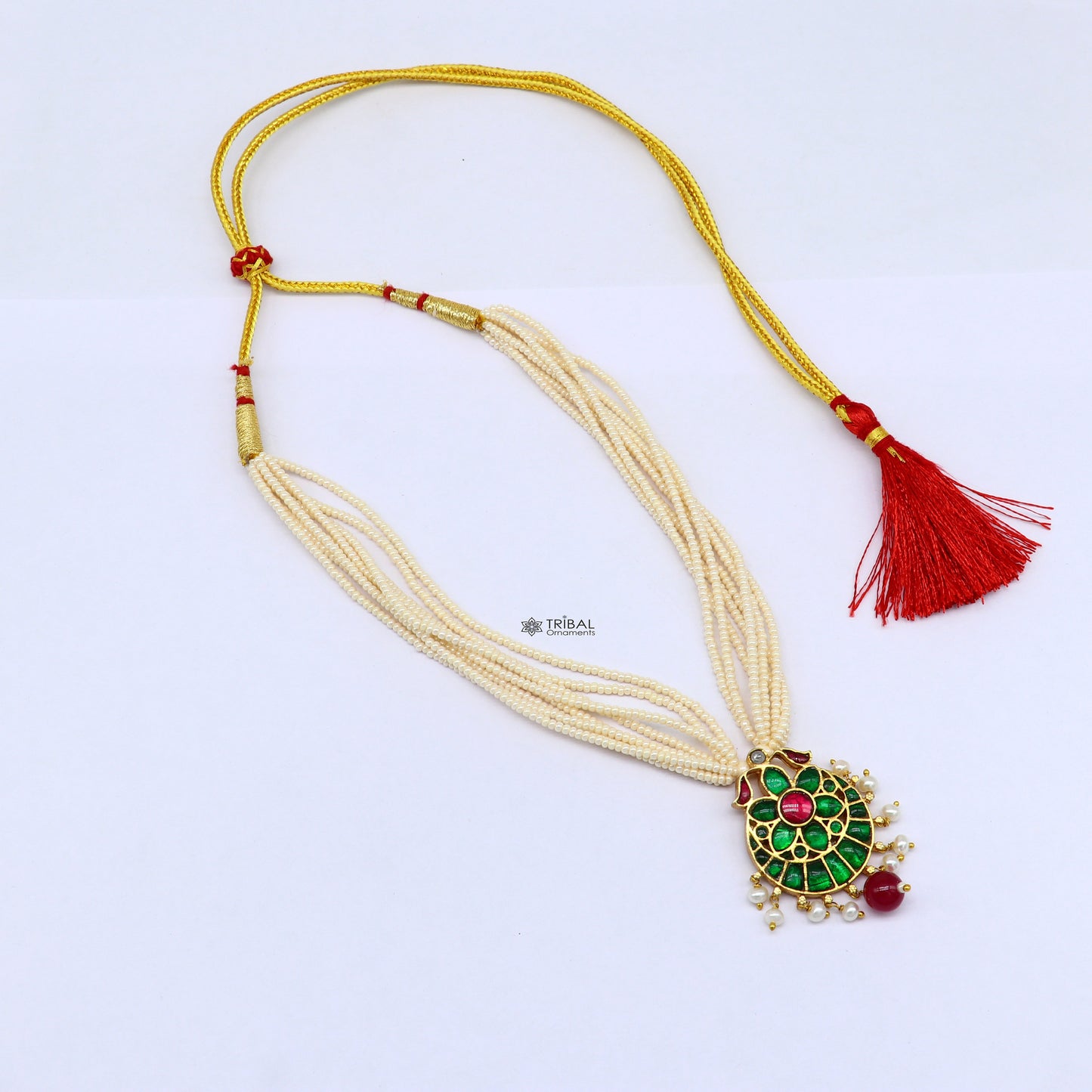 92.5 sterling silver India traditional cultural kundan work pendant trendy multiline pearls strings necklace peacock design jewelry set621 - TRIBAL ORNAMENTS