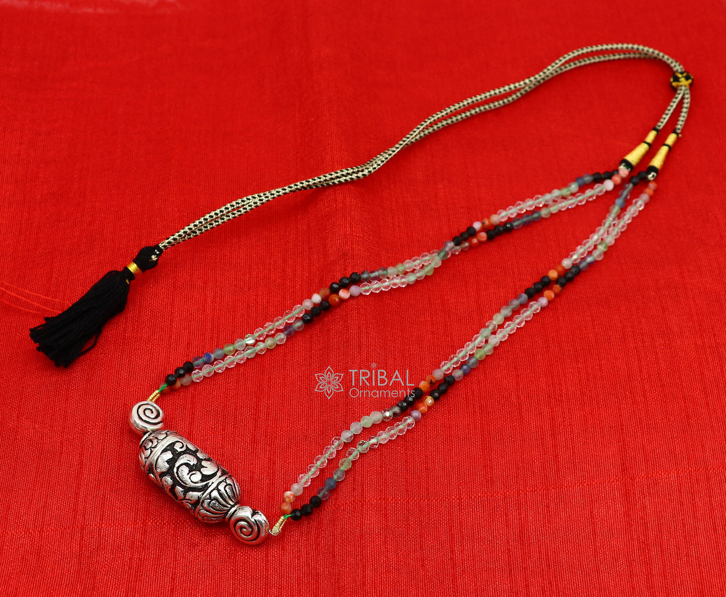 Indian traditional cultural style trendy natural stone beaded 925 sterling silver chitai nakshi work necklace, choker tribal jewelry set608 - TRIBAL ORNAMENTS
