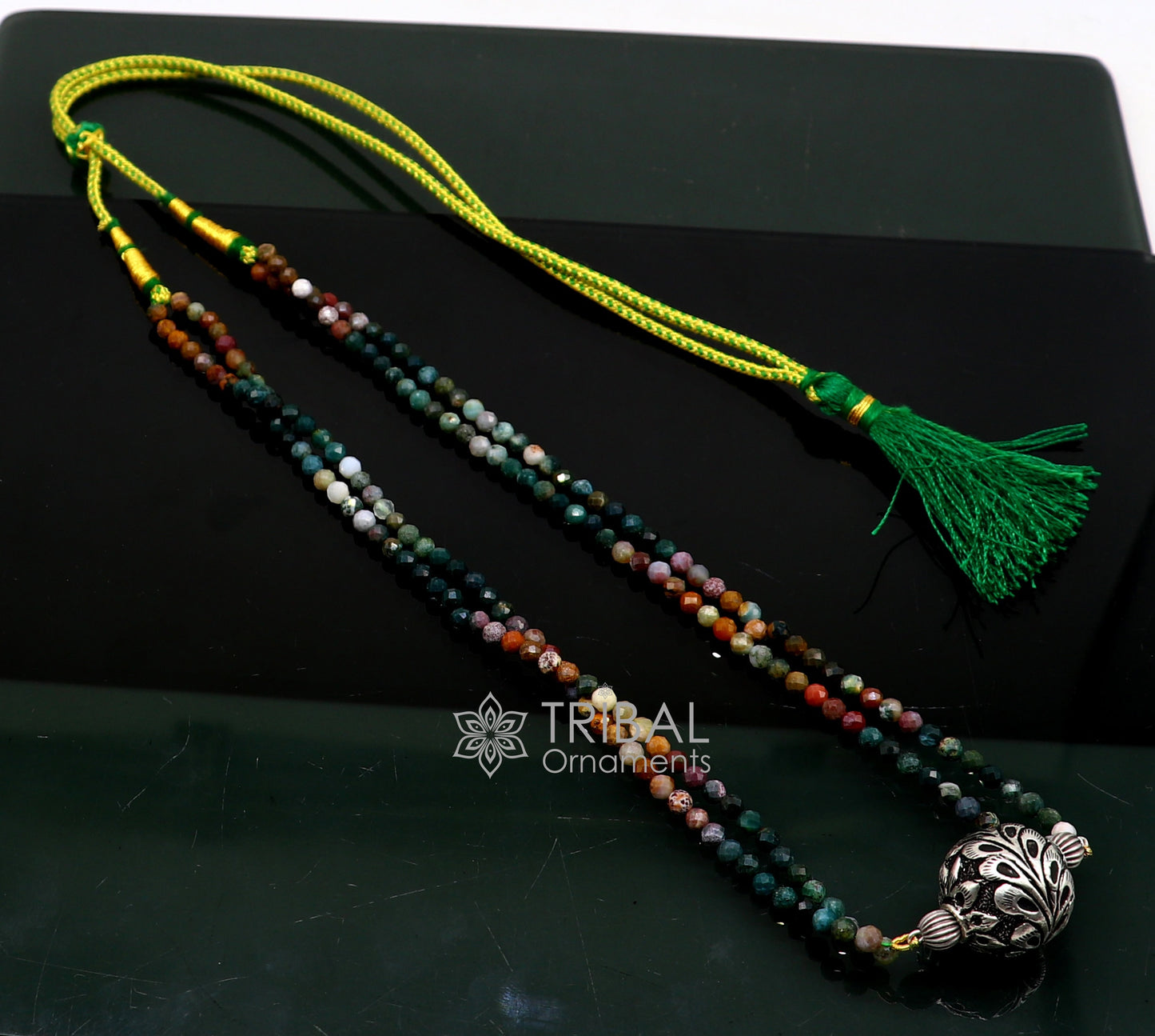 Trendy Indian traditional cultural natural stone beaded 925 sterling silver ball pendant necklace, choker tribal ethnic jewelry set610 - TRIBAL ORNAMENTS