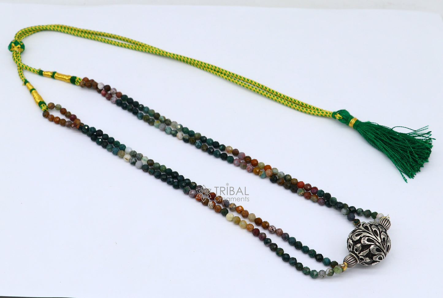 Trendy Indian traditional cultural natural stone beaded 925 sterling silver ball pendant necklace, choker tribal ethnic jewelry set610 - TRIBAL ORNAMENTS