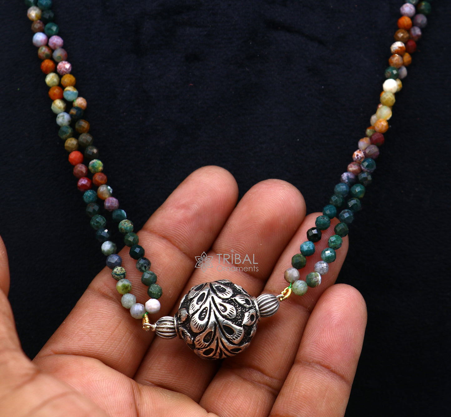 Trendy Indian traditional cultural natural stone beaded 925 sterling silver ball pendant necklace, choker tribal ethnic jewelry set610 - TRIBAL ORNAMENTS