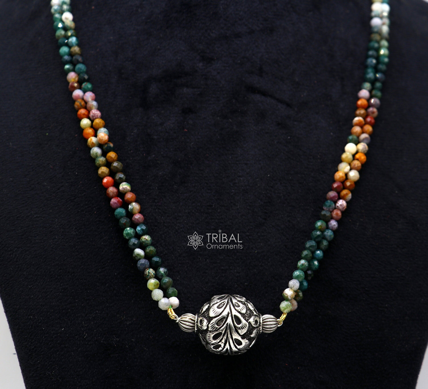 Trendy Indian traditional cultural natural stone beaded 925 sterling silver ball pendant necklace, choker tribal ethnic jewelry set610 - TRIBAL ORNAMENTS