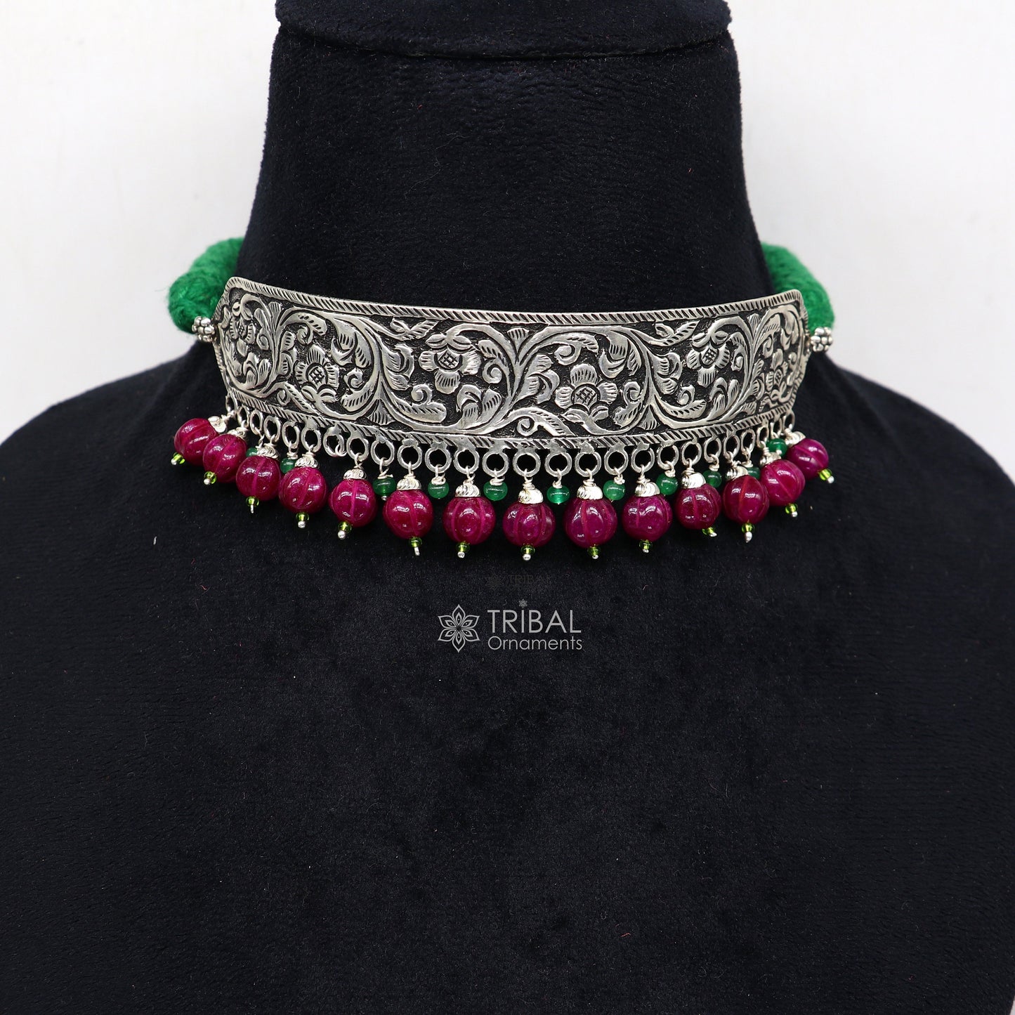925 sterling silver Nakshi work charm necklace choker tribal ethnic jewelry that embodies the rich cultural heritage of Rajasthan set622 - TRIBAL ORNAMENTS