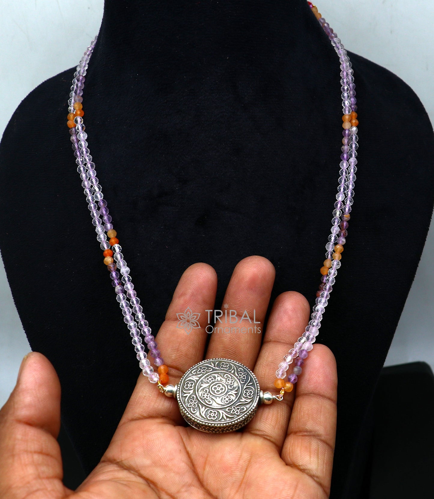 Indian traditional cultural style trendy natural multicolor stone beaded 925 sterling silver necklace, choker tribal ethnic jewelry set611 - TRIBAL ORNAMENTS