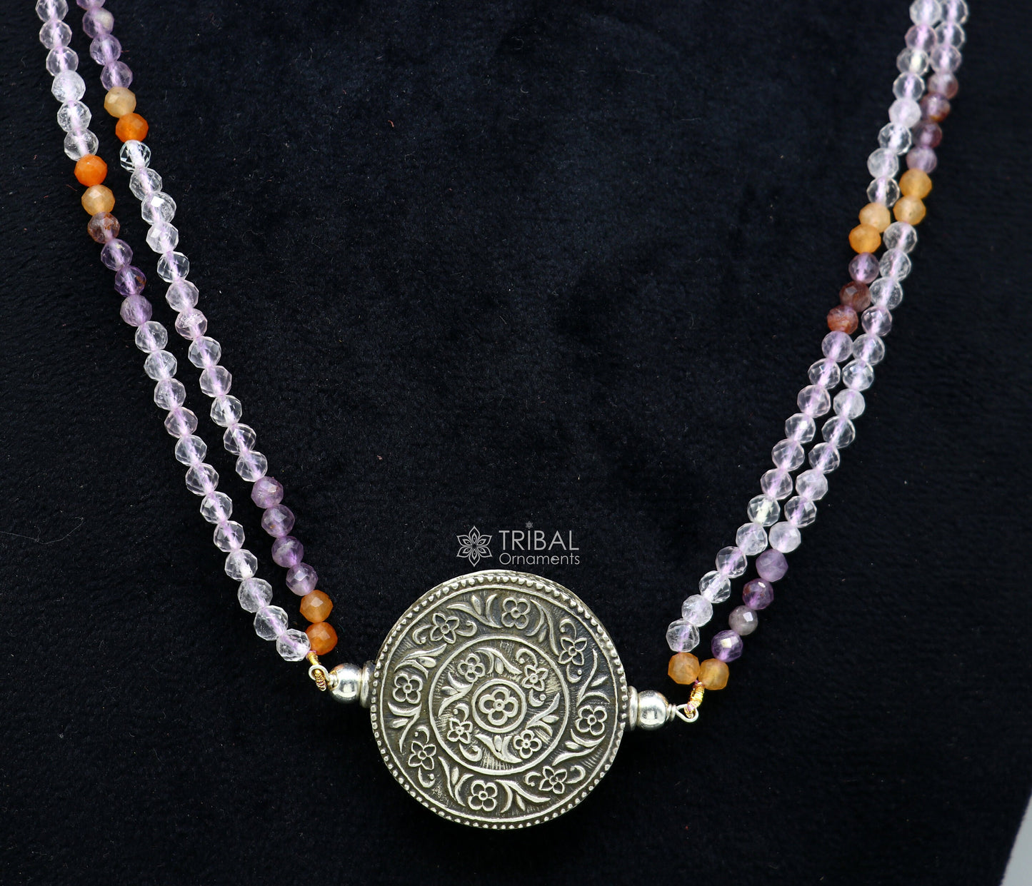 Indian traditional cultural style trendy natural multicolor stone beaded 925 sterling silver necklace, choker tribal ethnic jewelry set611 - TRIBAL ORNAMENTS