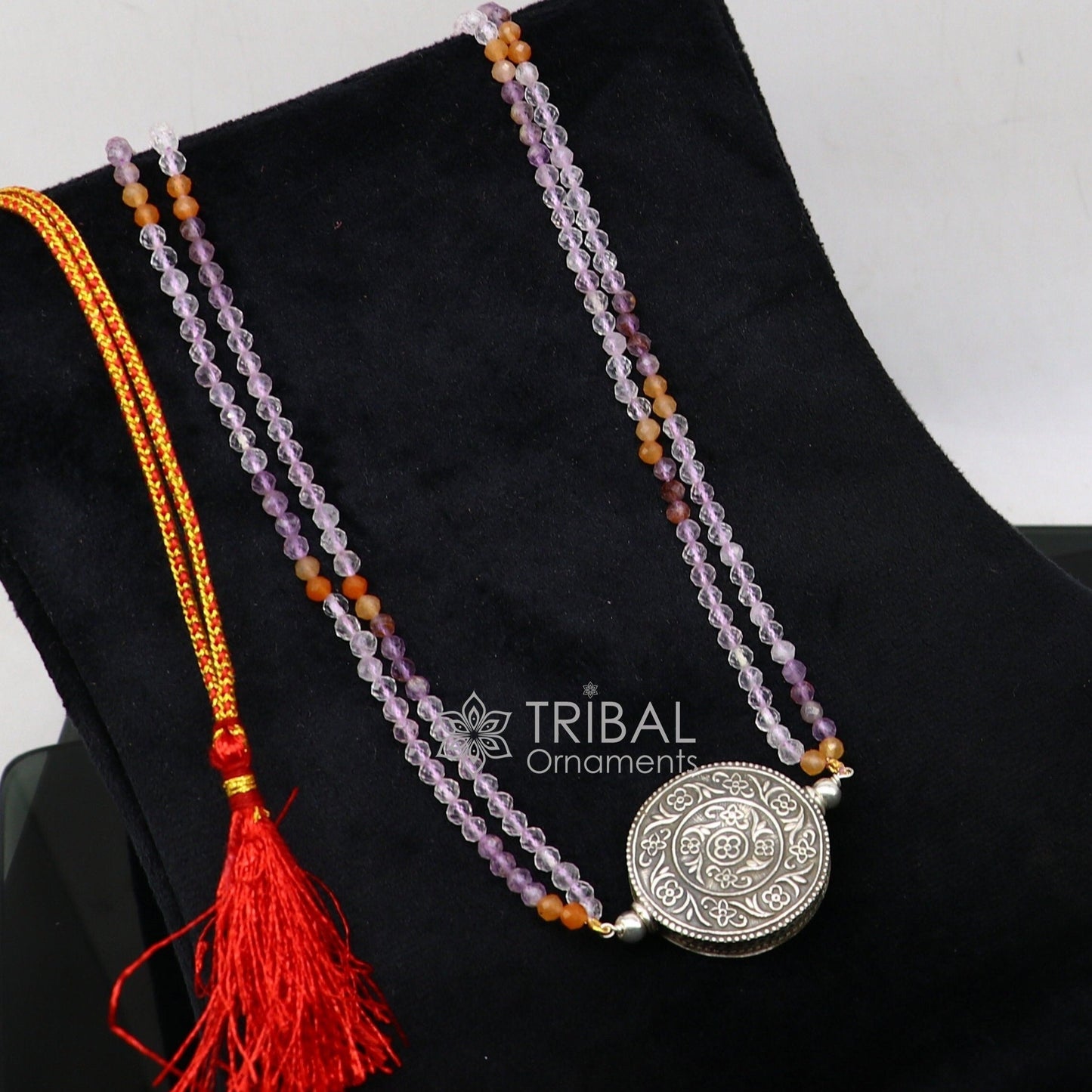 Indian traditional cultural style trendy natural multicolor stone beaded 925 sterling silver necklace, choker tribal ethnic jewelry set611 - TRIBAL ORNAMENTS