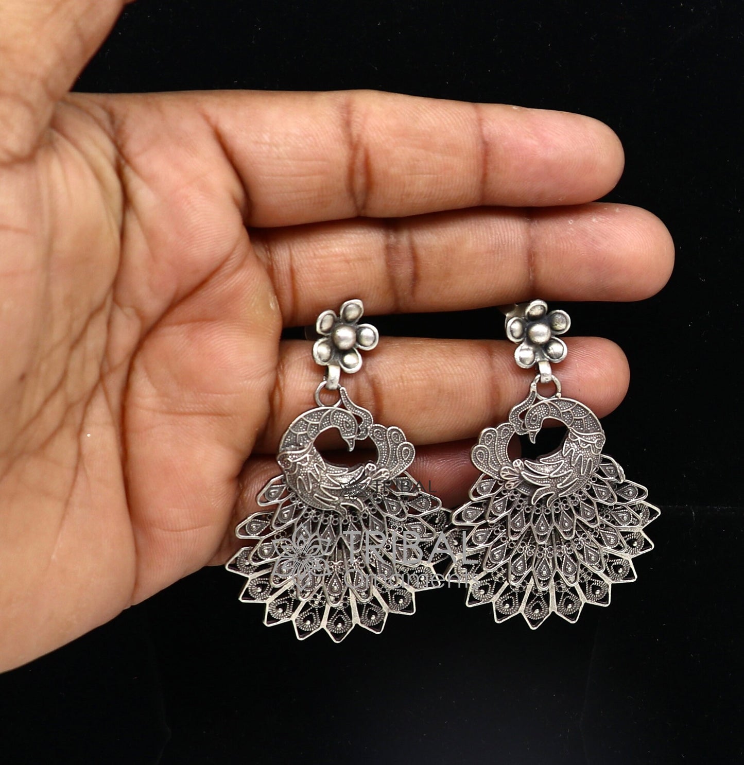 Modern trendy peacock design handmade 925 sterling silver fabulous filigree work Drop dangle stud earrings tribal ethnic jewelry india s1197 - TRIBAL ORNAMENTS