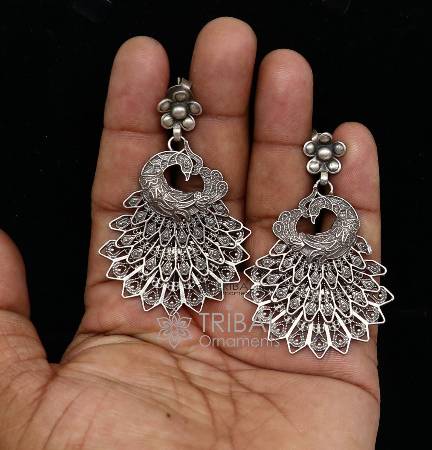 Modern trendy peacock design handmade 925 sterling silver fabulous filigree work Drop dangle stud earrings tribal ethnic jewelry india s1197 - TRIBAL ORNAMENTS