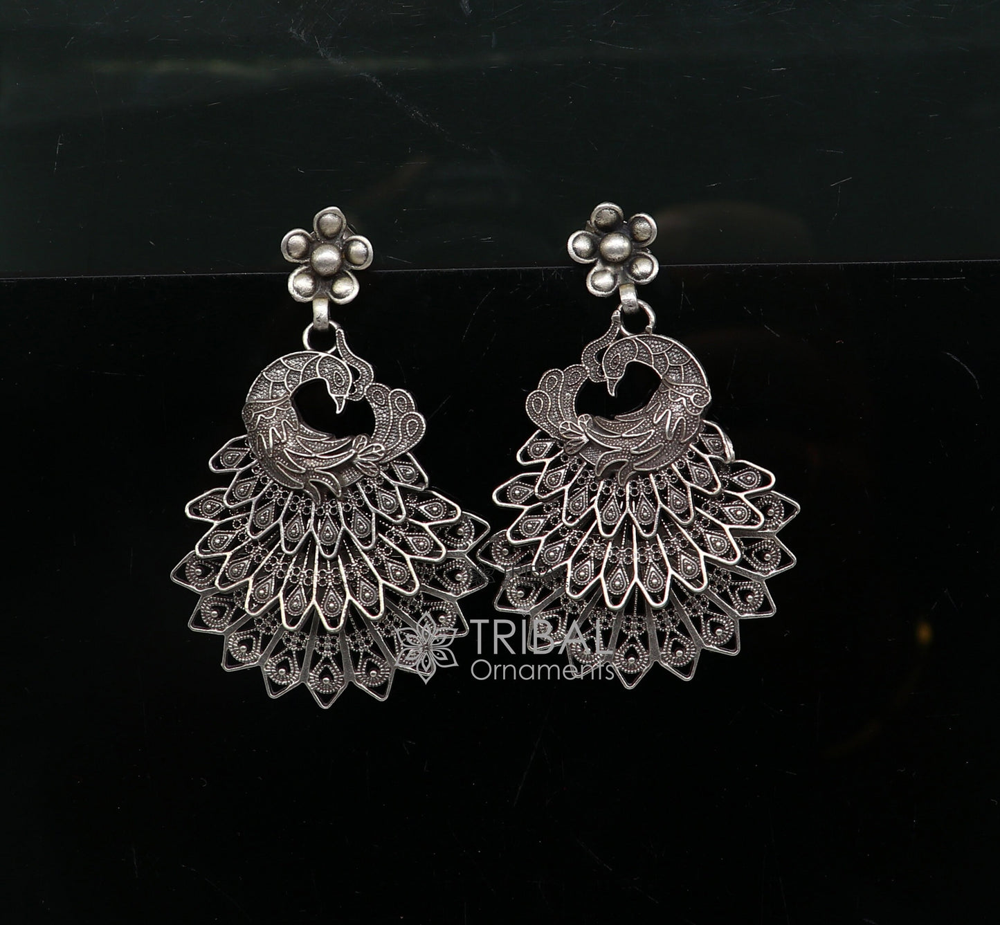 Modern trendy peacock design handmade 925 sterling silver fabulous filigree work Drop dangle stud earrings tribal ethnic jewelry india s1197 - TRIBAL ORNAMENTS