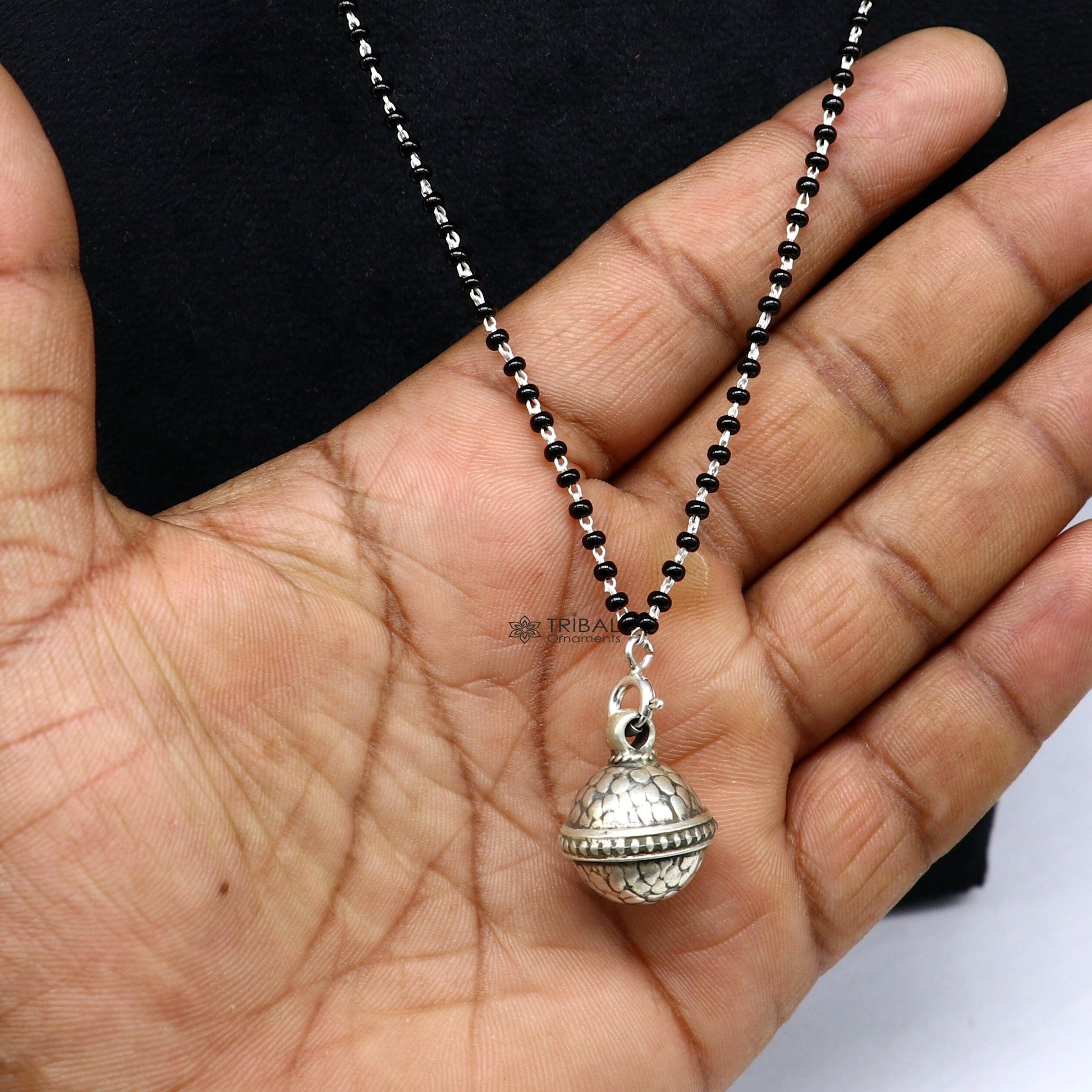 16" to 26" traditional cultural black beads 925 sterling silver stylish Single ball pendant necklace modern trendy delicate jewelry set625 - TRIBAL ORNAMENTS