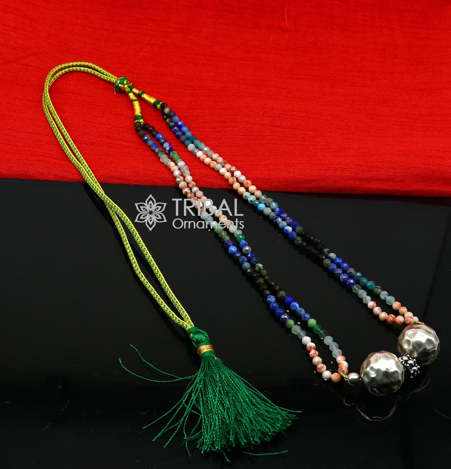 Trendy Indian traditional cultural multicolor stone beaded 925 sterling silver ball pendant necklace, choker tribal ethnic jewelry set614 - TRIBAL ORNAMENTS