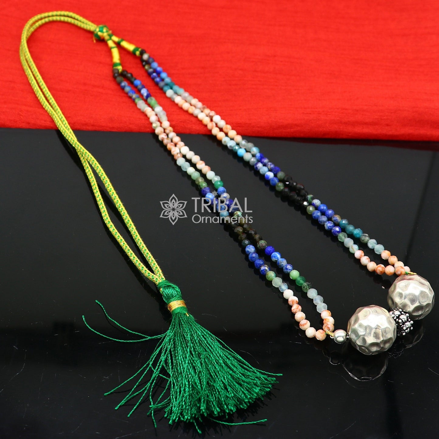 Trendy Indian traditional cultural multicolor stone beaded 925 sterling silver ball pendant necklace, choker tribal ethnic jewelry set614 - TRIBAL ORNAMENTS
