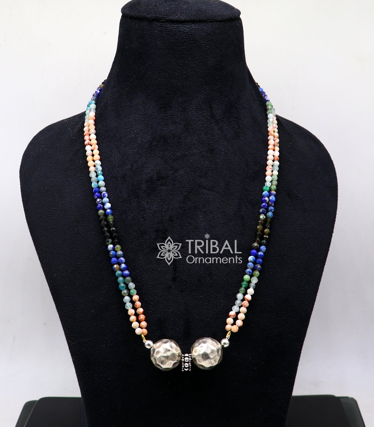 Trendy Indian traditional cultural multicolor stone beaded 925 sterling silver ball pendant necklace, choker tribal ethnic jewelry set614 - TRIBAL ORNAMENTS