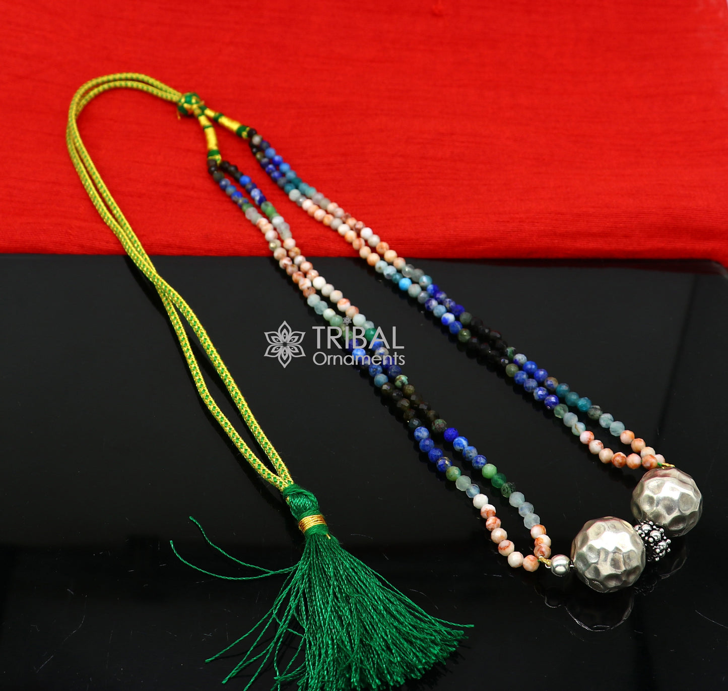 Trendy Indian traditional cultural multicolor stone beaded 925 sterling silver ball pendant necklace, choker tribal ethnic jewelry set614 - TRIBAL ORNAMENTS