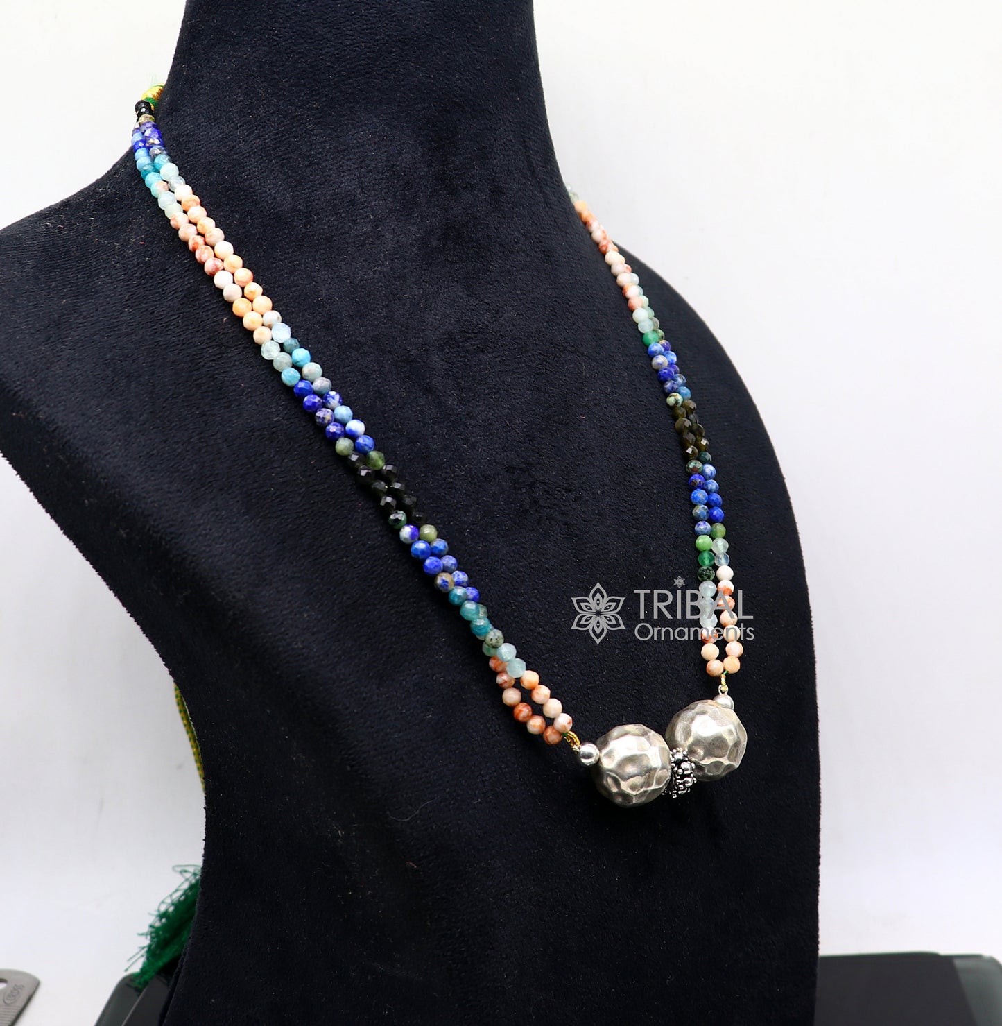 Trendy Indian traditional cultural multicolor stone beaded 925 sterling silver ball pendant necklace, choker tribal ethnic jewelry set614 - TRIBAL ORNAMENTS