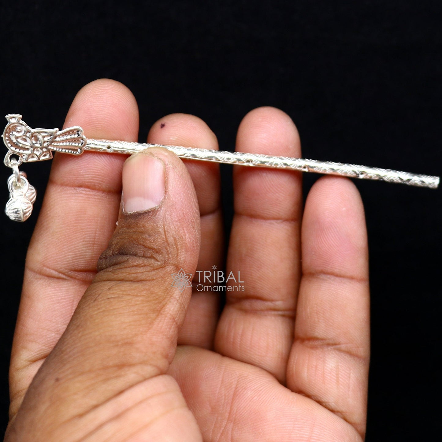 3" Flute divine 925 sterling silver handmade peacock design idol Krishna flute, silver bansuri, laddu Gopala flute, Krishna flute su1126 - TRIBAL ORNAMENTS