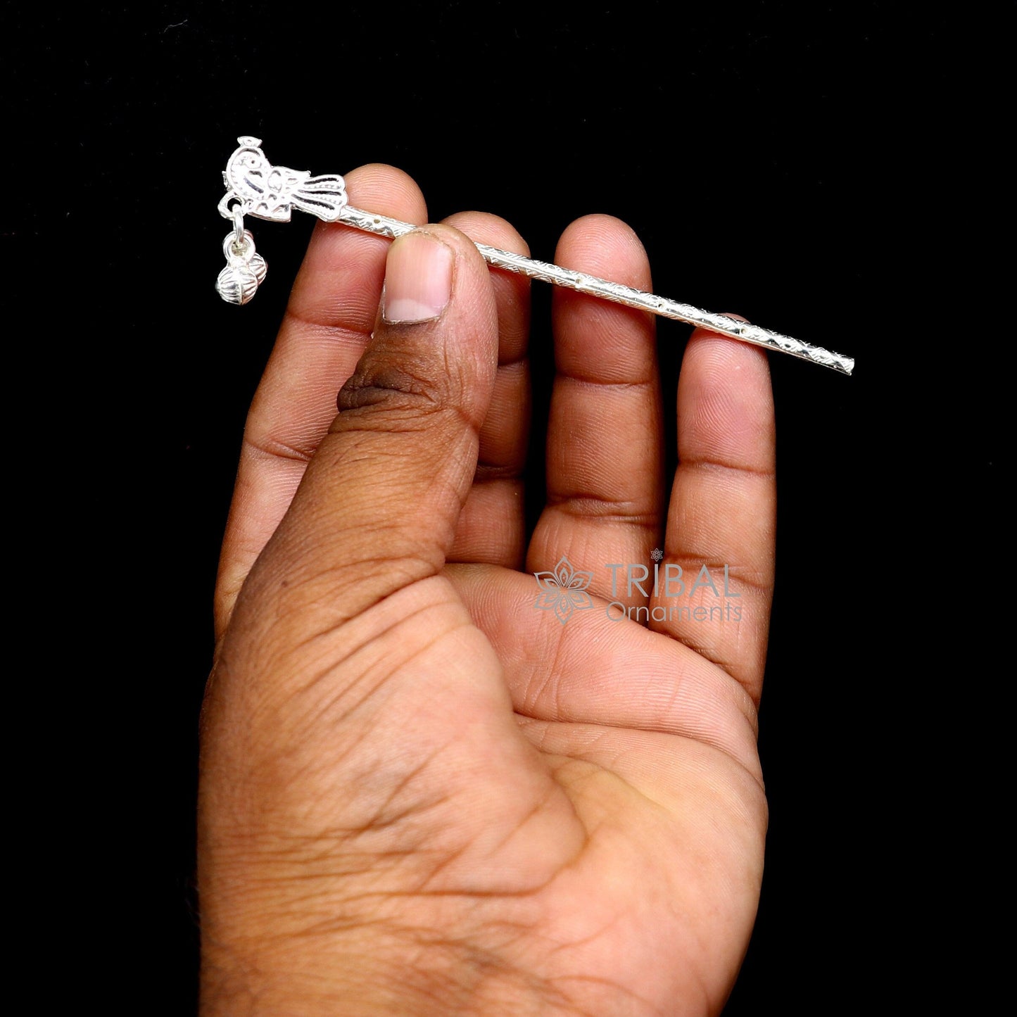 3" Flute divine 925 sterling silver handmade peacock design idol Krishna flute, silver bansuri, laddu Gopala flute, Krishna flute su1126 - TRIBAL ORNAMENTS