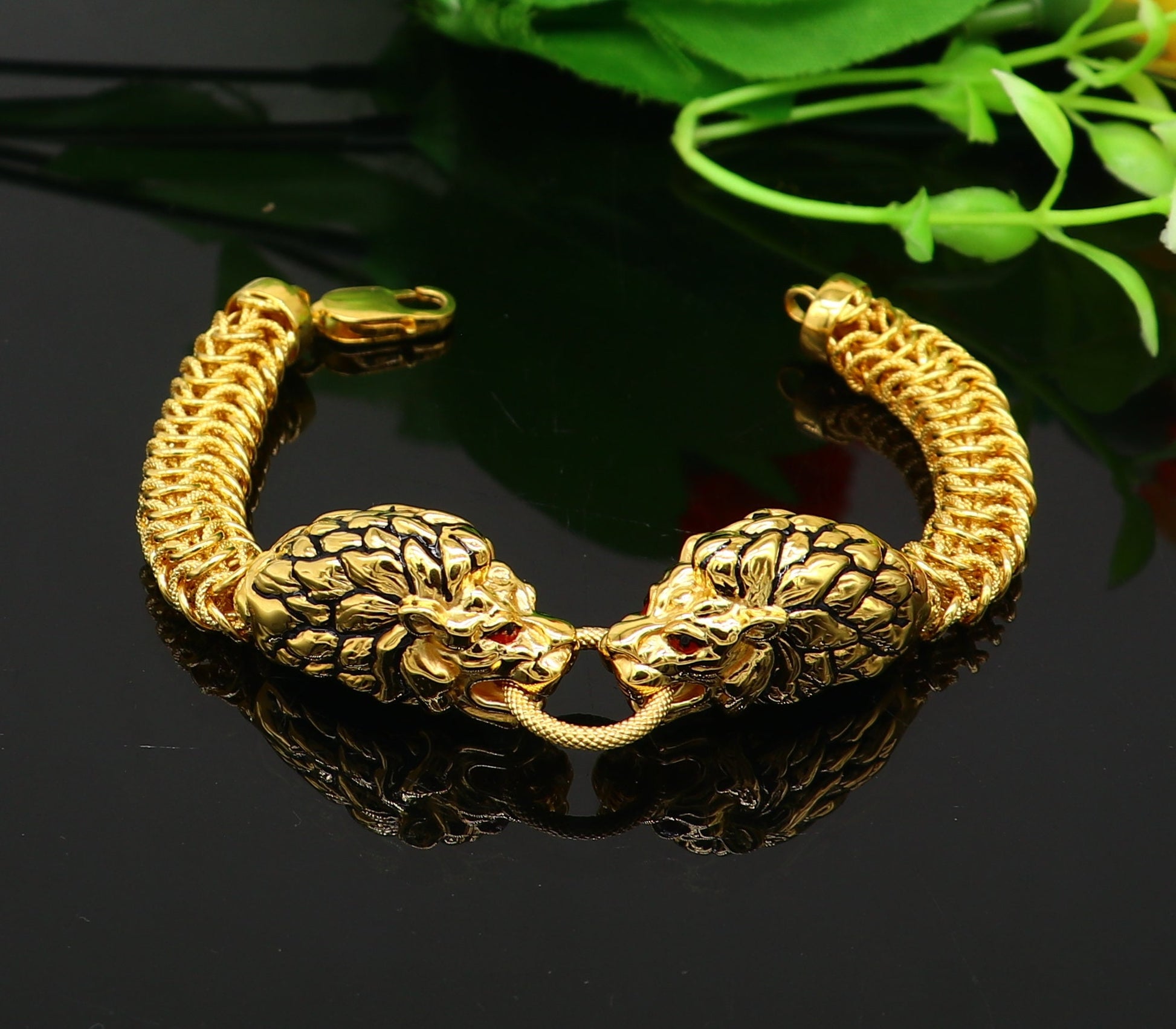 Indian Traditional cultural lion face design bracelet hallmarked 22kt yellow gold men's bracelet lion head unique wrist bracelet gbr44 - TRIBAL ORNAMENTS