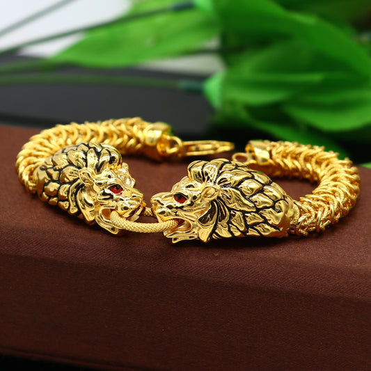 Indian Traditional cultural lion face design bracelet hallmarked 22kt yellow gold men's bracelet lion head unique wrist bracelet gbr44 - TRIBAL ORNAMENTS