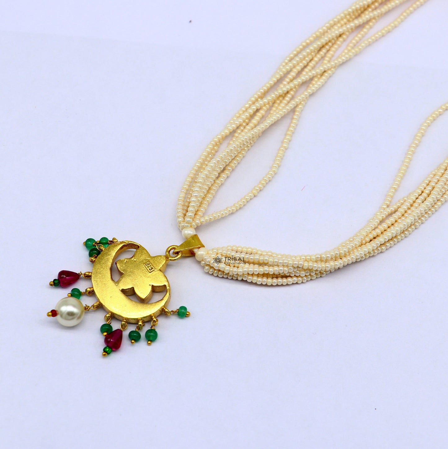 92.5 sterling silver Fabulous charming kundan work green and red stone pendant trendy necklace with multiline pearls strings jewelry set616 - TRIBAL ORNAMENTS