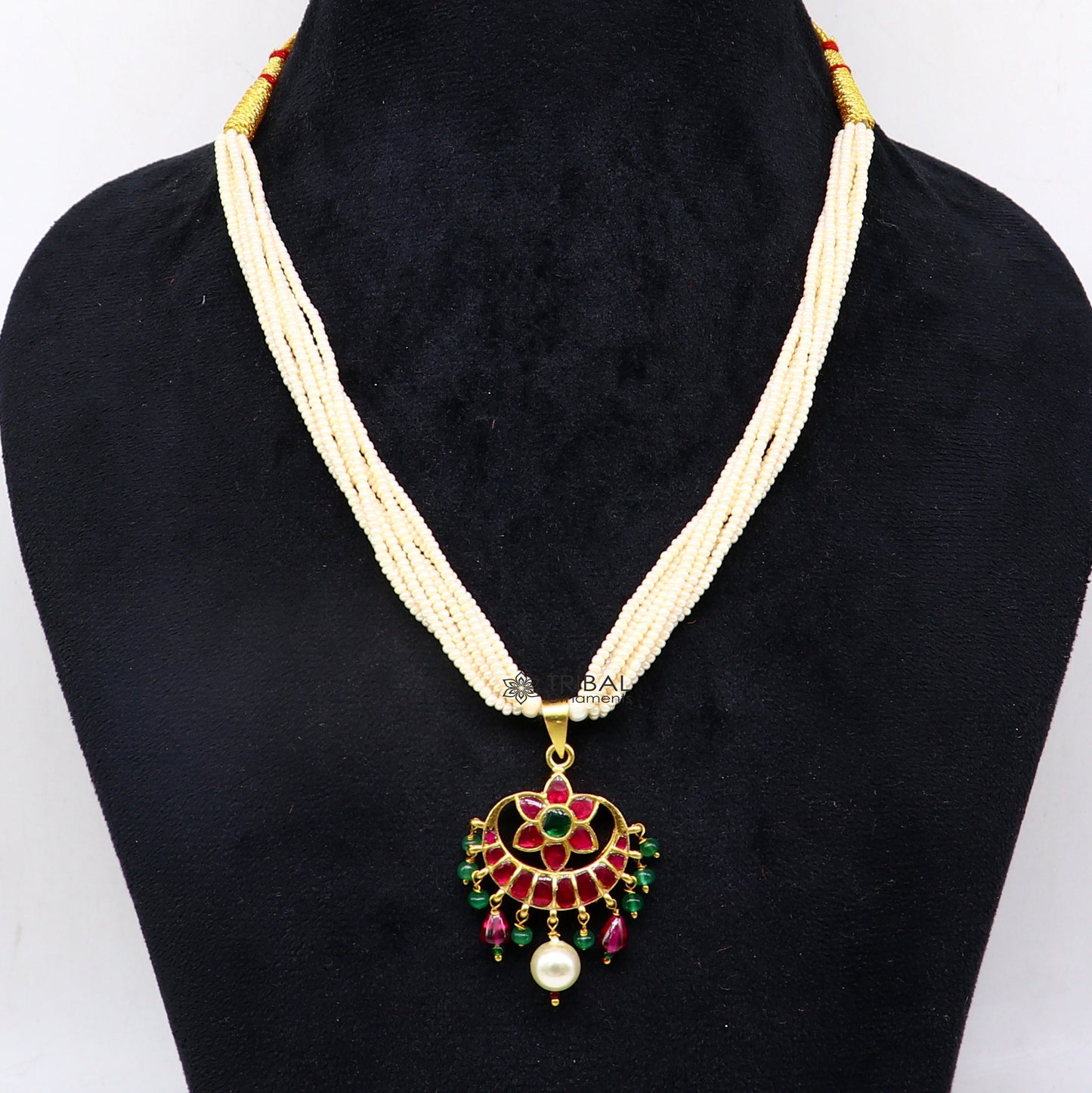 92.5 sterling silver Fabulous charming kundan work green and red stone pendant trendy necklace with multiline pearls strings jewelry set616 - TRIBAL ORNAMENTS